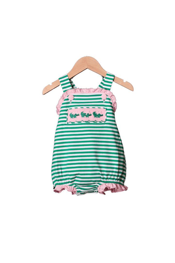 The Smocked Flamingo Apparel & Accessories Pre-Order Smocked Crocodile Green Strip Pink Ruffle Bubble