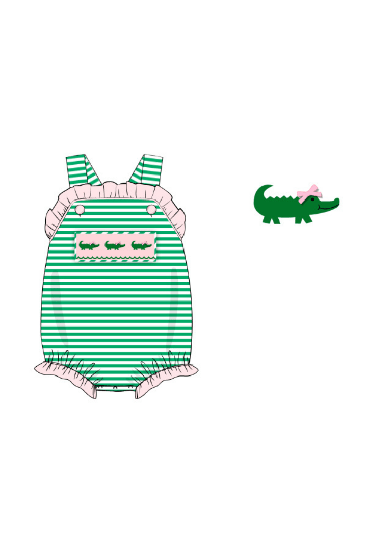 The Smocked Flamingo Apparel & Accessories Pre-Order Smocked Crocodile Green Strip Pink Ruffle Bubble