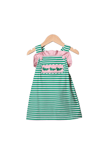 The Smocked Flamingo Apparel & Accessories Pre-Order Smocked Crocodile Green Strip Pink Ruffle Dress