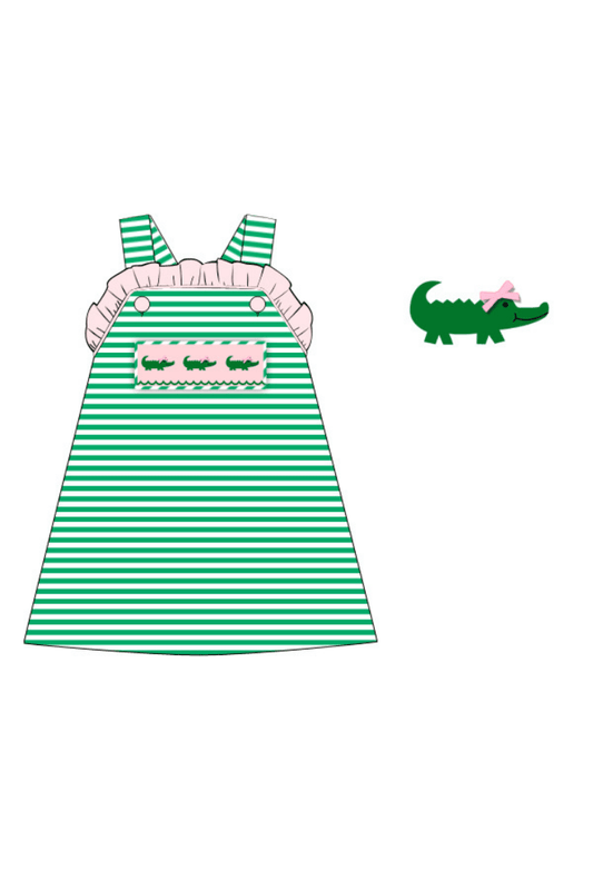 The Smocked Flamingo Apparel & Accessories Pre-Order Smocked Crocodile Green Strip Pink Ruffle Dress