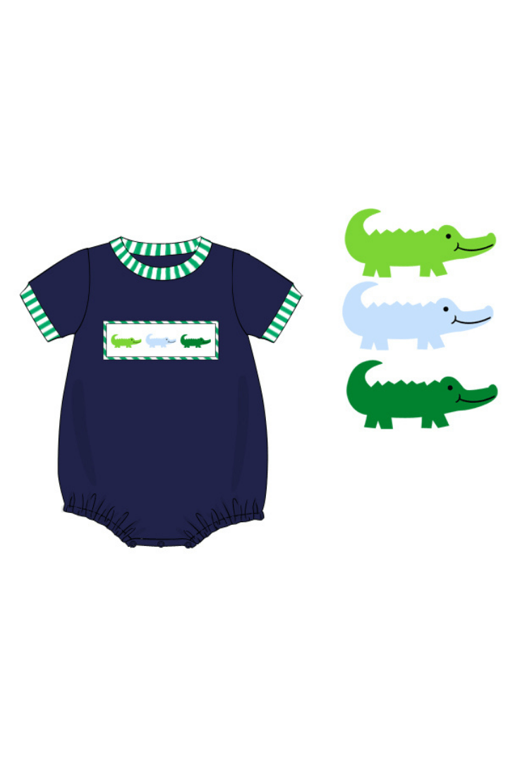 The Smocked Flamingo Apparel & Accessories Pre-Order Smocked Crocodile Green Stripe/Navy Bubble