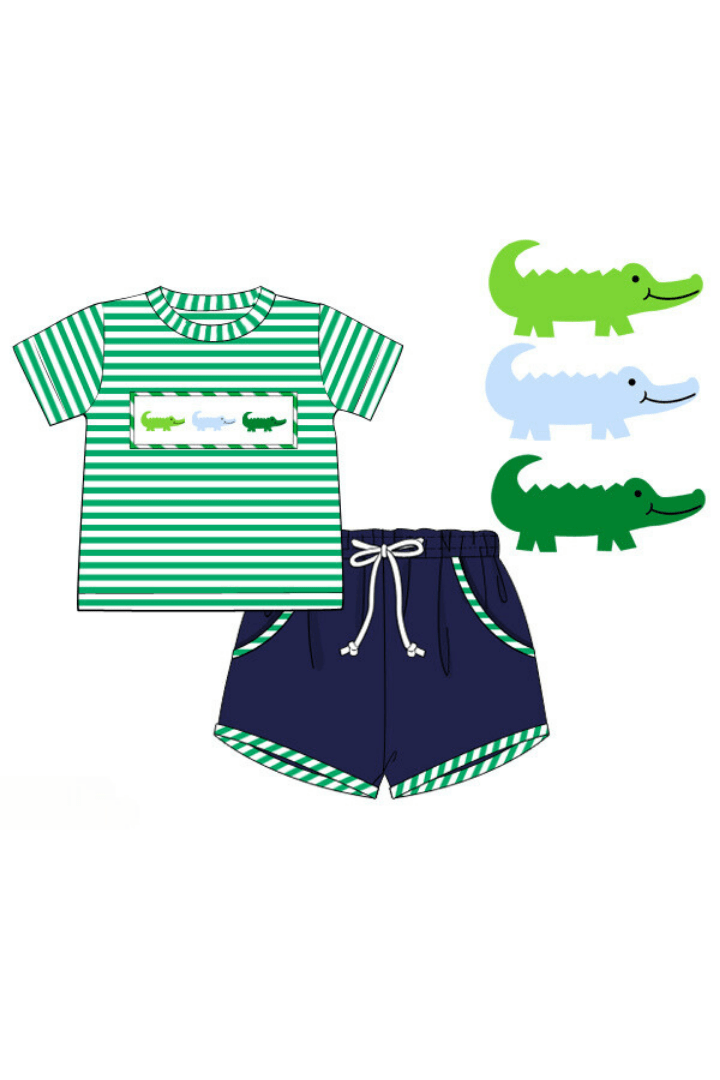 The Smocked Flamingo Apparel & Accessories Pre-Order Smocked Crocodile Green Stripe Short Set