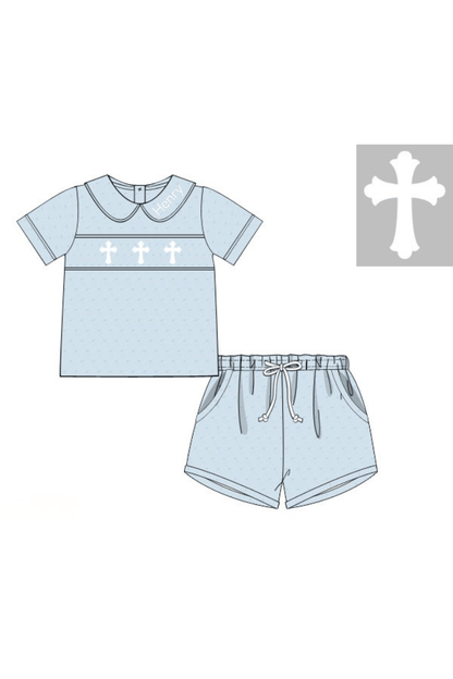 The Smocked Flamingo Apparel & Accessories Pre-Order Smocked Cross Blue Swiss Dot Short Set