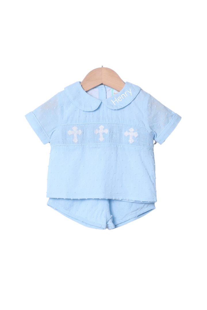 The Smocked Flamingo Apparel & Accessories Pre-Order Smocked Cross Blue Swiss Dot Short Set