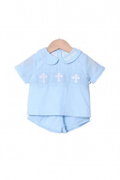 The Smocked Flamingo Apparel & Accessories Pre-Order Smocked Cross Blue Swiss Dot Short Set