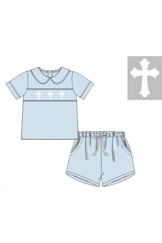 The Smocked Flamingo Apparel & Accessories Pre-Order Smocked Cross Blue Swiss Dot Short Set