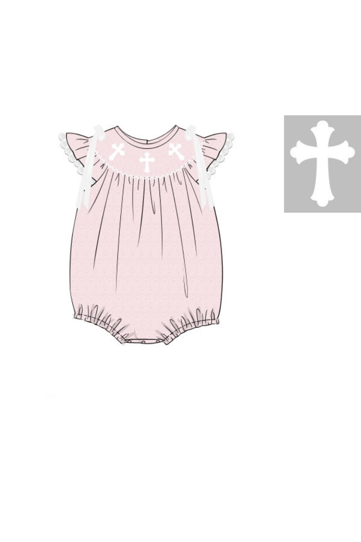 The Smocked Flamingo Apparel & Accessories Pre-Order Smocked Cross Pink Swiss Dot Bow Bubble