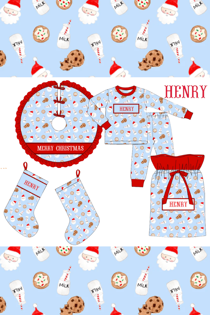 The Smocked Flamingo Apparel & Accessories Pre-Order Smocked Custom Name Blue Cookies and Milk Christmas Trimmings