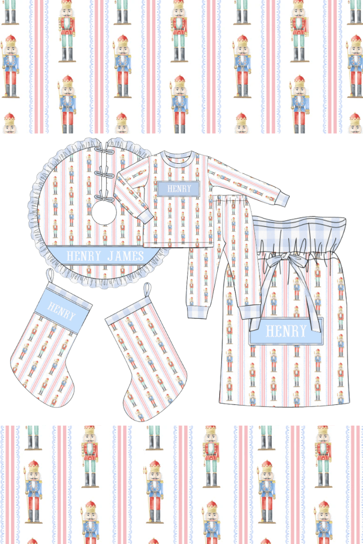 The Smocked Flamingo Apparel & Accessories Pre-Order Smocked Custom Name Blue Nutcracker Christmas Trimmings