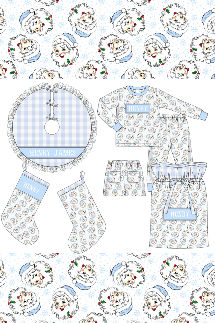 The Smocked Flamingo Apparel & Accessories Pre-Order Smocked Custom Name Blue Vintage Santa Christmas Trimmings