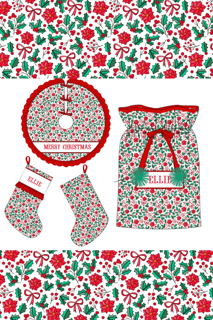 The Smocked Flamingo Apparel & Accessories Pre-Order Smocked Custom Name Christmas Holly Christmas Trimmings