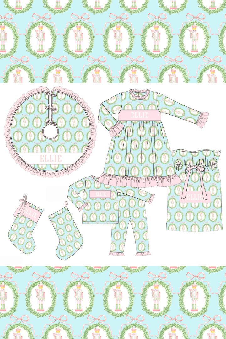 The Smocked Flamingo Apparel & Accessories Pre-Order Smocked Custom Name Mint Nutcracker Christmas Trimmings