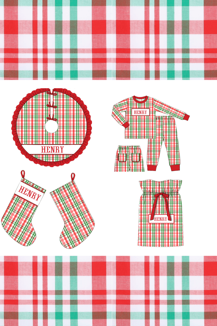 The Smocked Flamingo Apparel & Accessories Pre-Order Smocked Custom Name Red and Green Plaid Trimmings