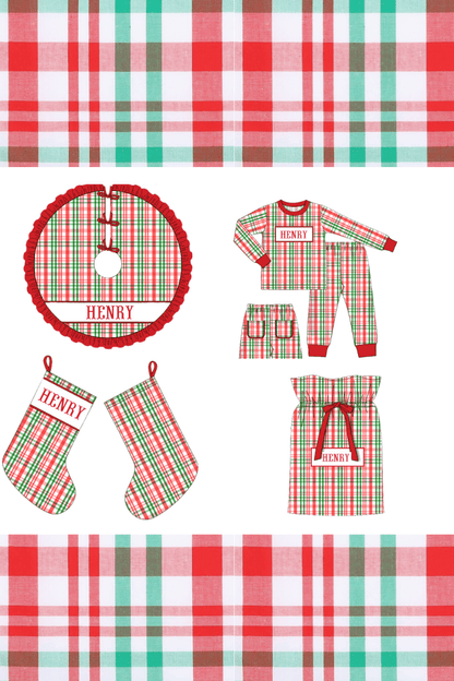 The Smocked Flamingo Apparel & Accessories Pre-Order Smocked Custom Name Red and Green Plaid Trimmings