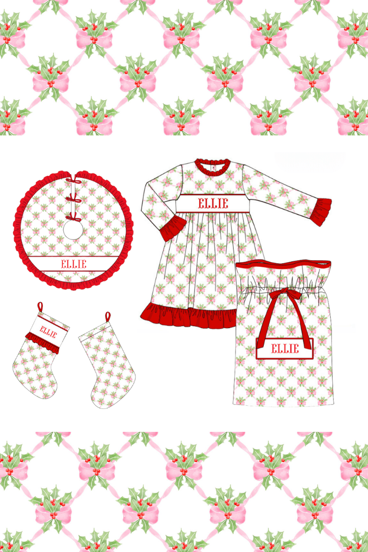 The Smocked Flamingo Apparel & Accessories Pre-Order Smocked Custom Name Sweet Holly Christmas Trimmings