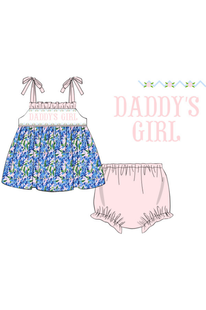 The Smocked Flamingo Apparel & Accessories Pre-Order Smocked Daddy's Girl Blue and Pink Floral Bloomer Set