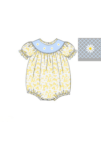 The Smocked Flamingo Apparel & Accessories Pre-Order Smocked Daisy Yellow and Blue Floral Bubble
