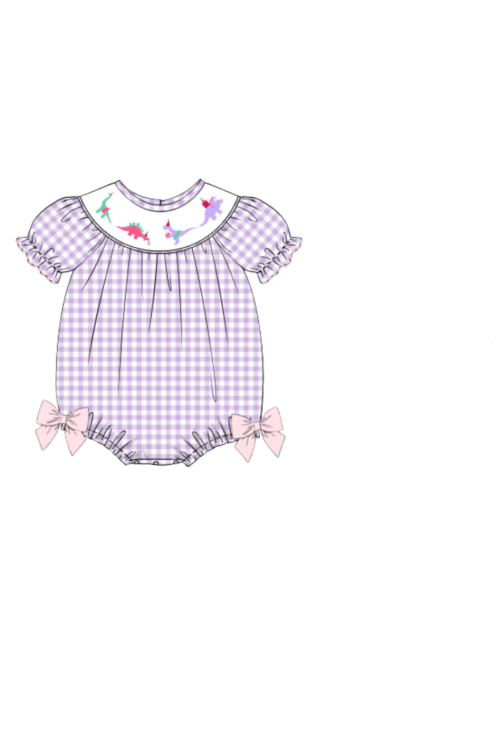 The Smocked Flamingo Apparel & Accessories Pre-Order Smocked Dino Party Lavender Gingham Bubble