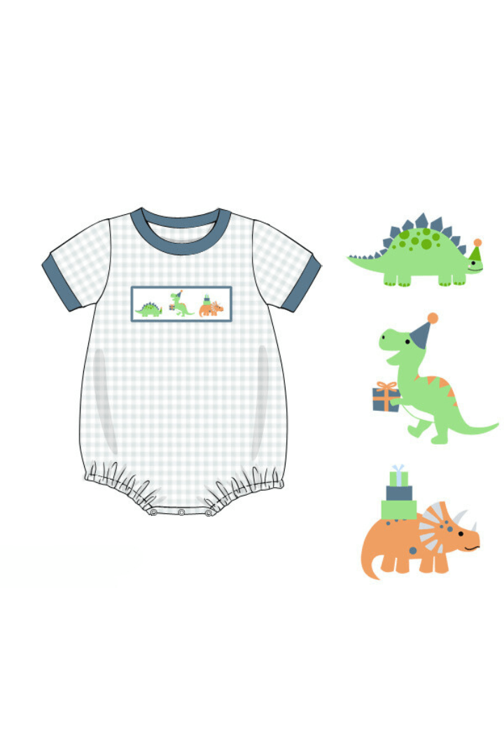 The Smocked Flamingo Apparel & Accessories Pre-Order Smocked Dinosaur Sage Gingham Bubble