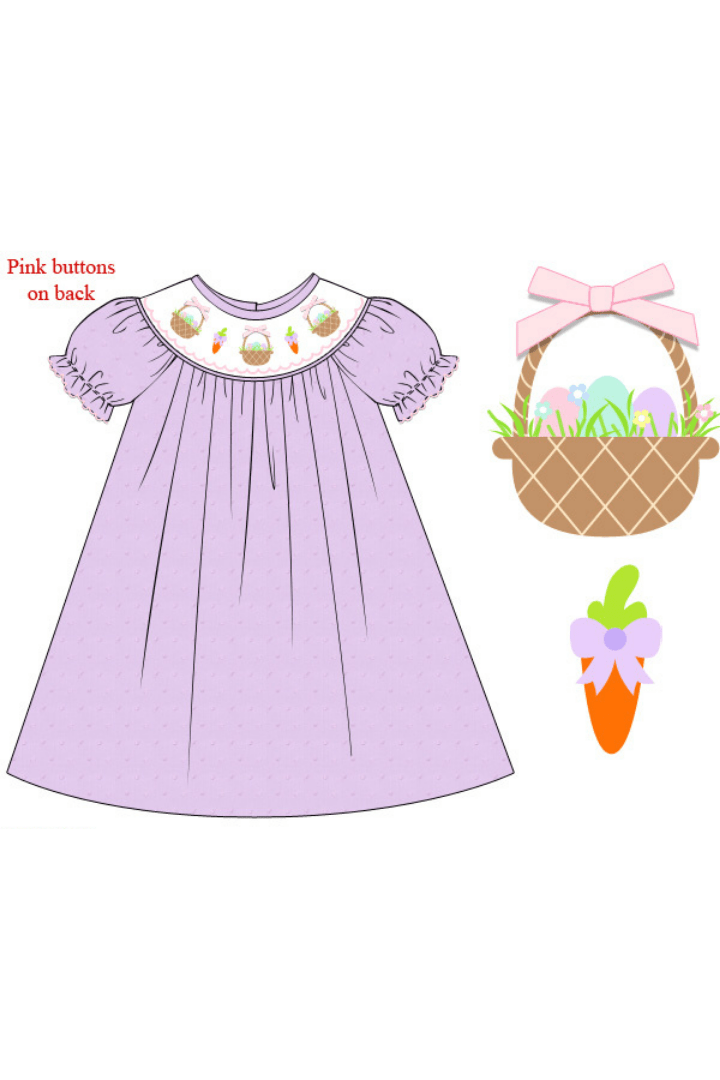 The Smocked Flamingo Apparel & Accessories Pre-Order Smocked Easter Bunny Basket Lavender Swiss Dot Dress