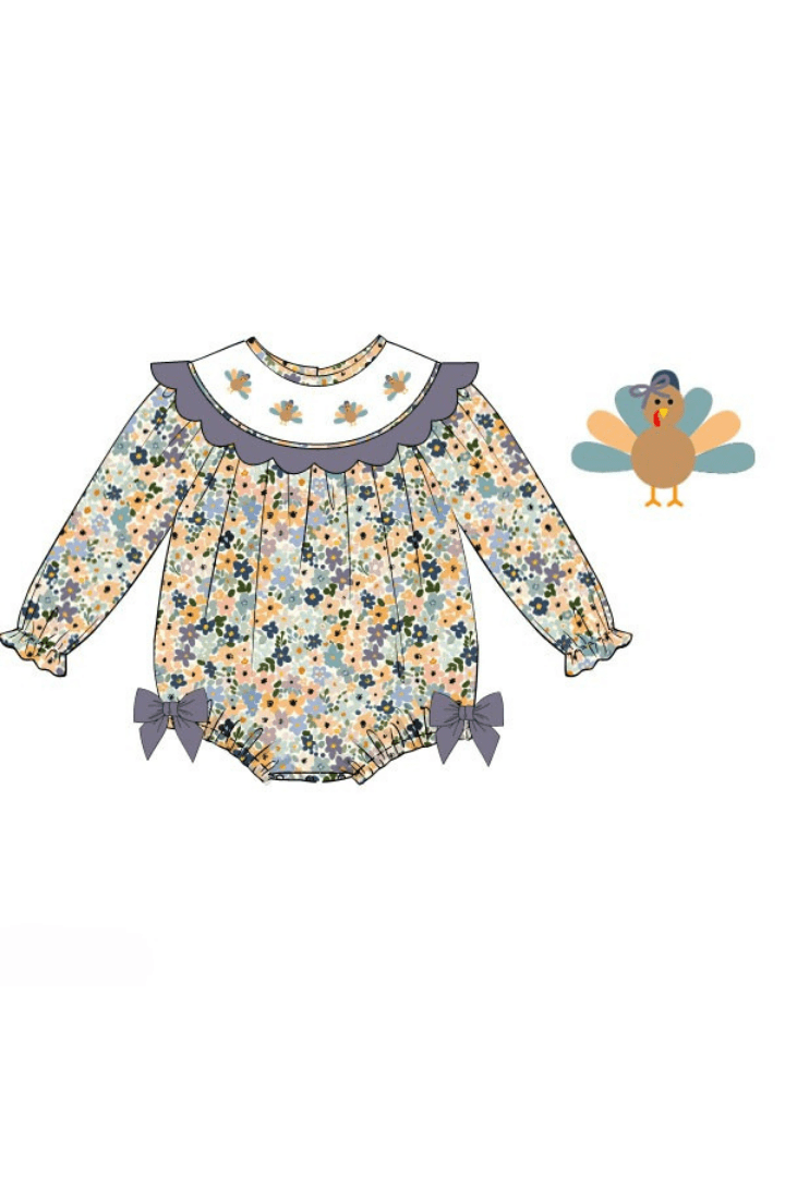 The Smocked Flamingo Apparel & Accessories Pre-Order Smocked Fall Floral Turkey Bow Bubble