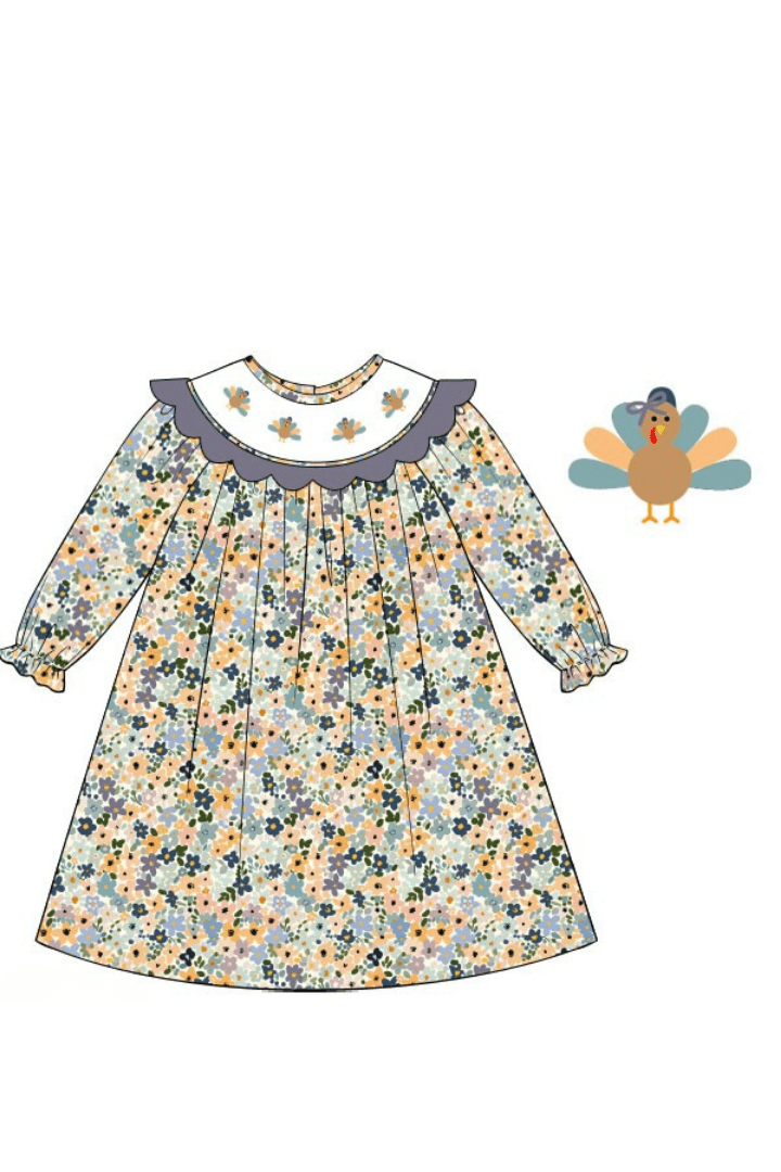 The Smocked Flamingo Apparel & Accessories Pre-Order Smocked Fall Floral Turkey Dress