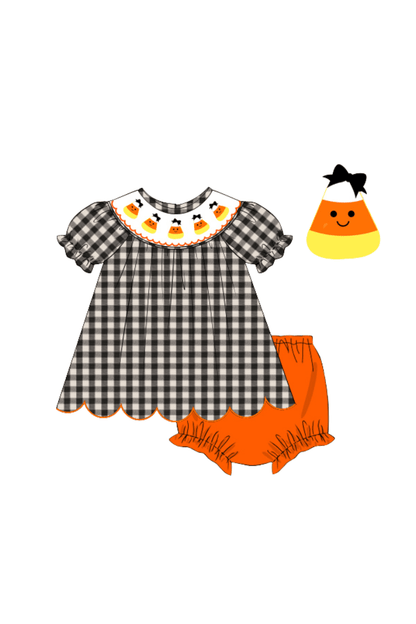 The Smocked Flamingo Apparel & Accessories Pre-Order Smocked Fancy Candy Corn Black Gingham Bloomer Set