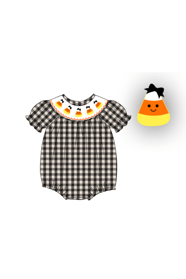 The Smocked Flamingo Apparel & Accessories Pre-Order Smocked Fancy Candy Corn Black Gingham Bubble