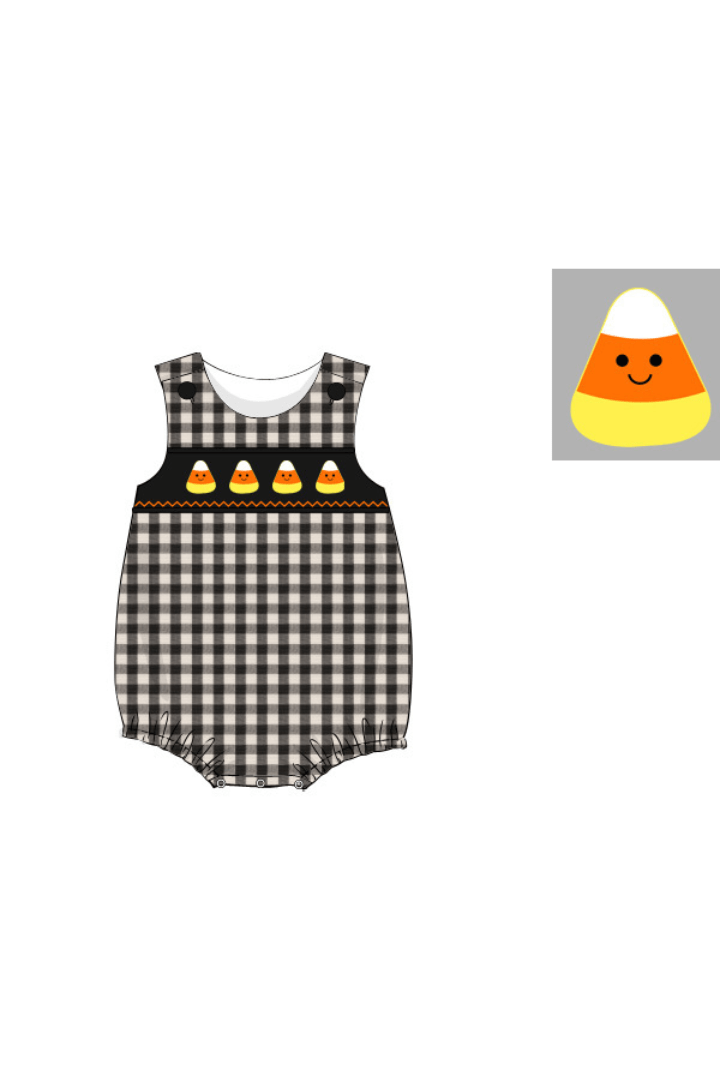 The Smocked Flamingo Apparel & Accessories Pre-Order Smocked Fancy Candy Corn Black Gingham Bubble