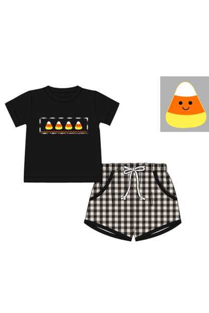 The Smocked Flamingo Apparel & Accessories Pre-Order Smocked Fancy Candy Corn Black Gingham Short Set