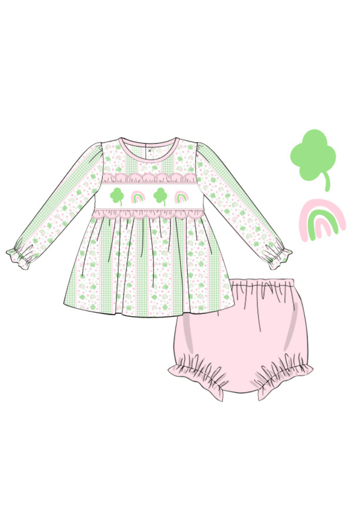 The Smocked Flamingo Apparel & Accessories Pre-Order Smocked Fancy Clover Rainbow Bloomer Set