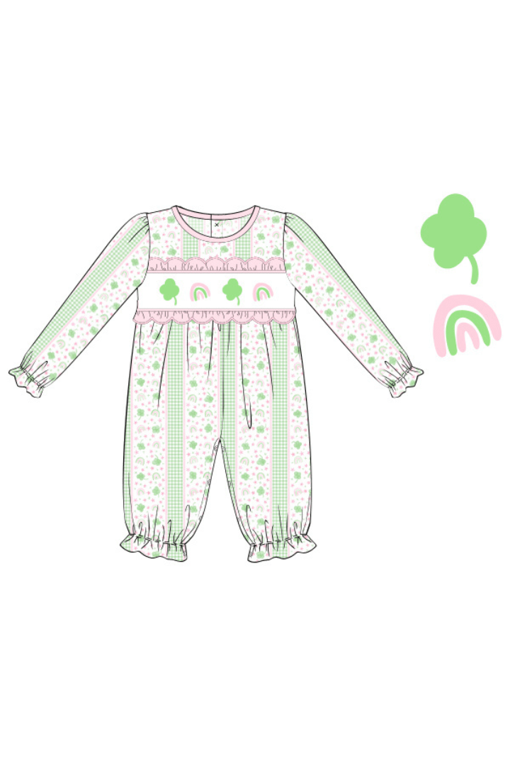 The Smocked Flamingo Apparel & Accessories Pre-Order Smocked Fancy Clover Rainbow Romper