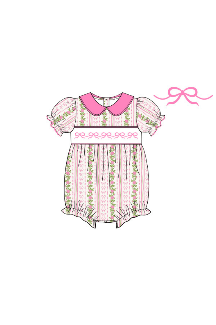 The Smocked Flamingo Apparel & Accessories Pre-Order Smocked Fancy Floral Pink Collar Short Sleeve Bubble