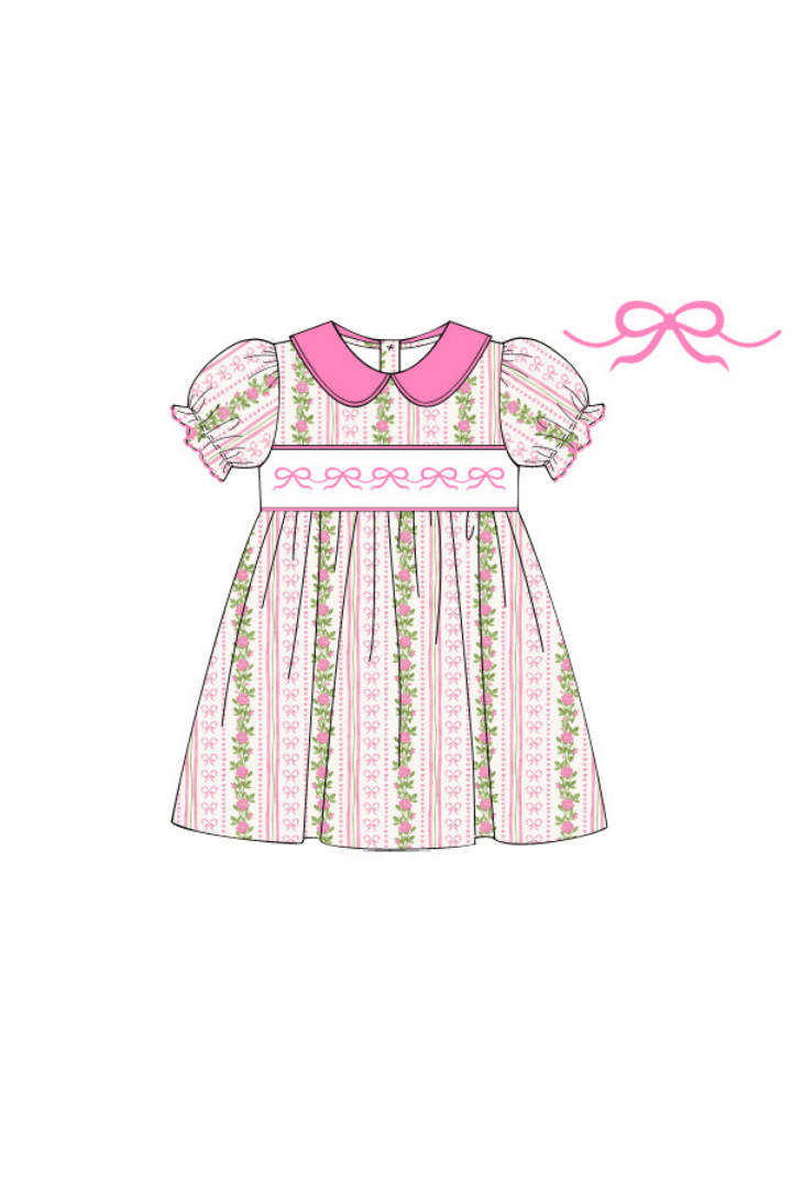 The Smocked Flamingo Apparel & Accessories Pre-Order Smocked Fancy Floral Pink Collar Short Sleeve Dress