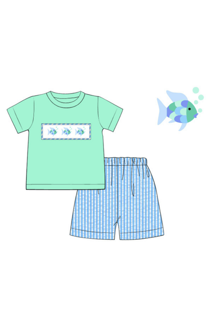 The Smocked Flamingo Apparel & Accessories Pre-Order Smocked Fish Aqua Seersucker Short Set