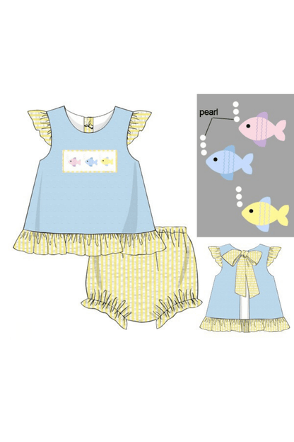 The Smocked Flamingo Apparel & Accessories Pre-Order Smocked Fish Blue/Yellow Seersucker Bloomer Set