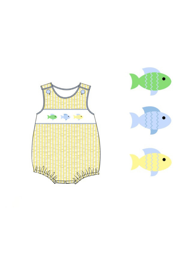The Smocked Flamingo Apparel & Accessories Pre-Order Smocked Fish Blue/Yellow Seersucker Bubble