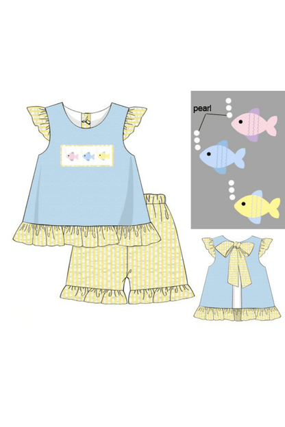 The Smocked Flamingo Apparel & Accessories Pre-Order Smocked Fish Blue/Yellow Seersucker Short Set