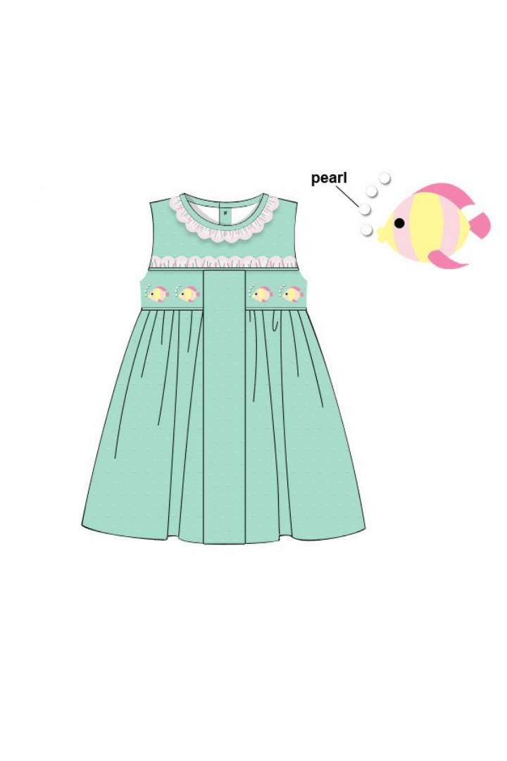 The Smocked Flamingo Apparel & Accessories Pre-Order Smocked Fish Mint Swiss Dot Dress