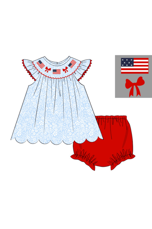 The Smocked Flamingo Apparel & Accessories Pre-Order Smocked Flag and Blue Floral Bloomer Set