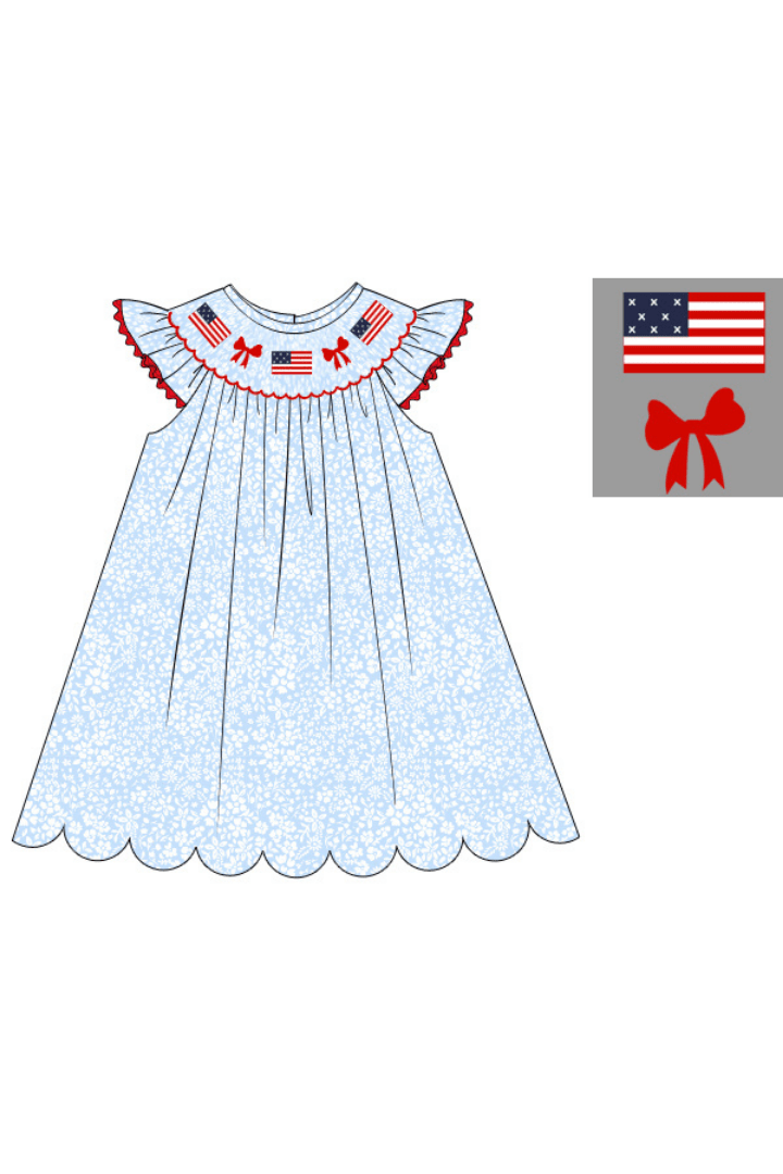 The Smocked Flamingo Apparel & Accessories Pre-Order Smocked Flag and Blue Floral Dress