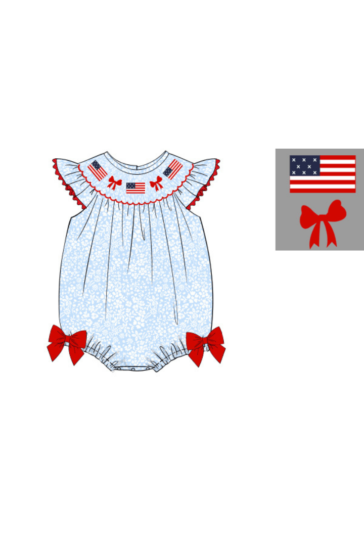 The Smocked Flamingo Apparel & Accessories Pre-Order Smocked Flag Blue and Bow Floral Bubble