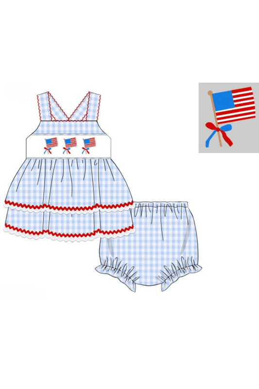 The Smocked Flamingo Apparel & Accessories Pre-Order Smocked Flag Blue Seersucker Bloomer Set