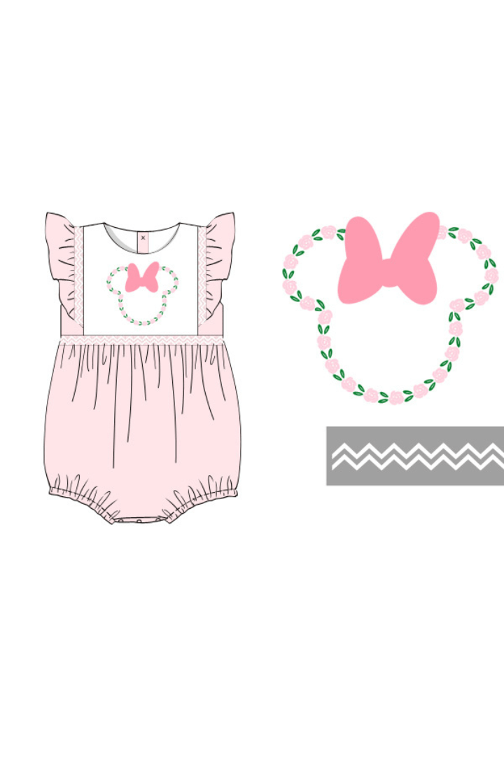 The Smocked Flamingo Apparel & Accessories Pre-Order Smocked Floral Mouse Pink Swiss Dot Bubble