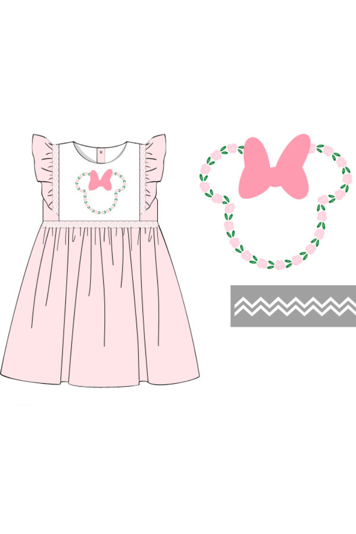 The Smocked Flamingo Apparel & Accessories Pre-Order Smocked Floral Mouse Pink Swiss Dot Dress