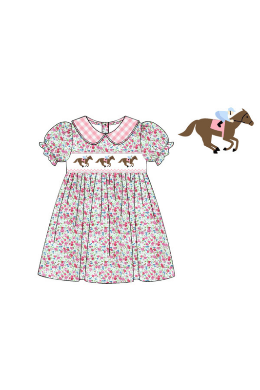 The Smocked Flamingo Apparel & Accessories Pre-Order Smocked Floral Pink Gingham Derby Dress