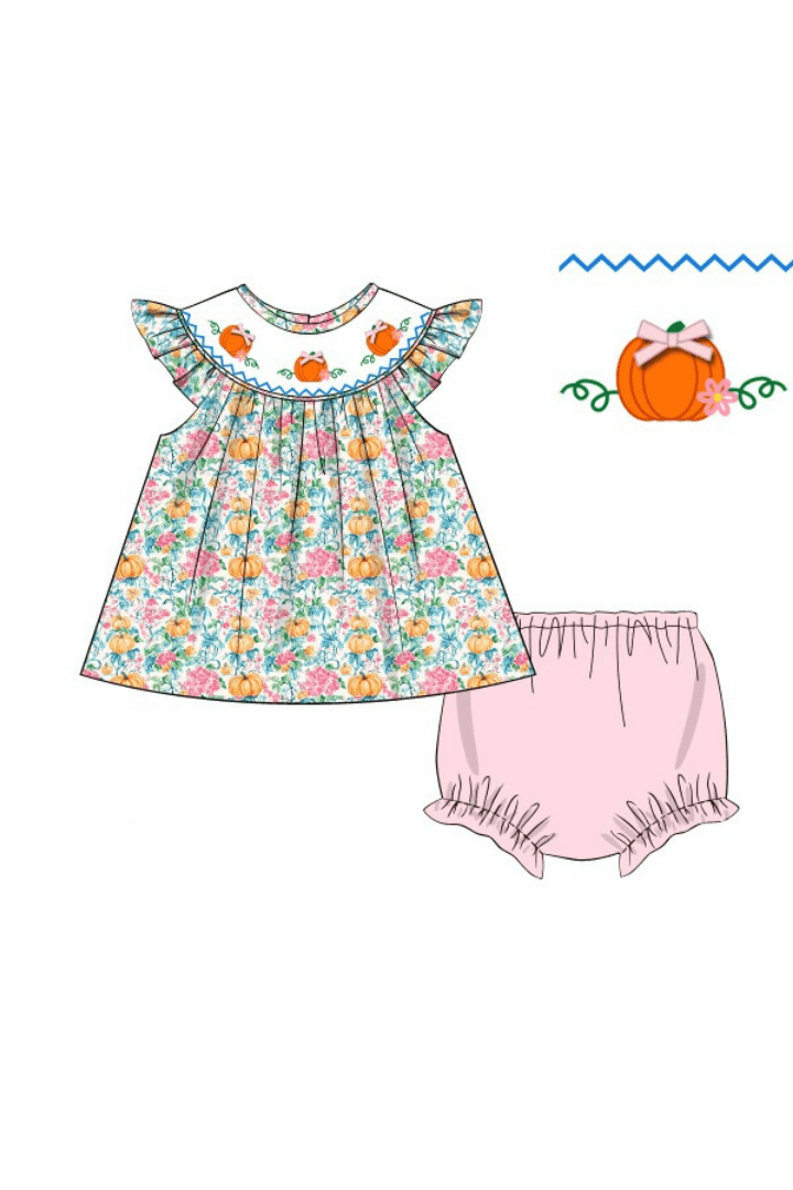 The Smocked Flamingo Apparel & Accessories Pre-Order Smocked Floral Pumpkin Bishop Bloomer Set