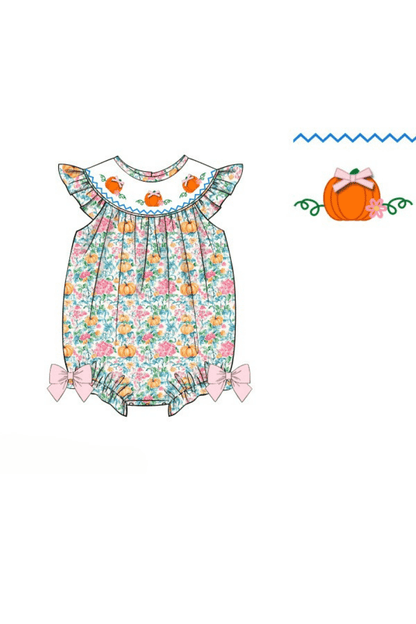 The Smocked Flamingo Apparel & Accessories Pre-Order Smocked Floral Pumpkin Bishop Bow Bubble