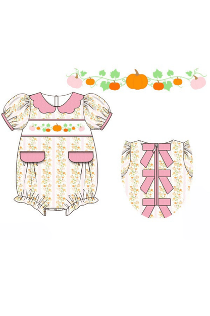 The Smocked Flamingo Apparel & Accessories Pre-Order Smocked Floral Pumpkins Pink Bow Bubble