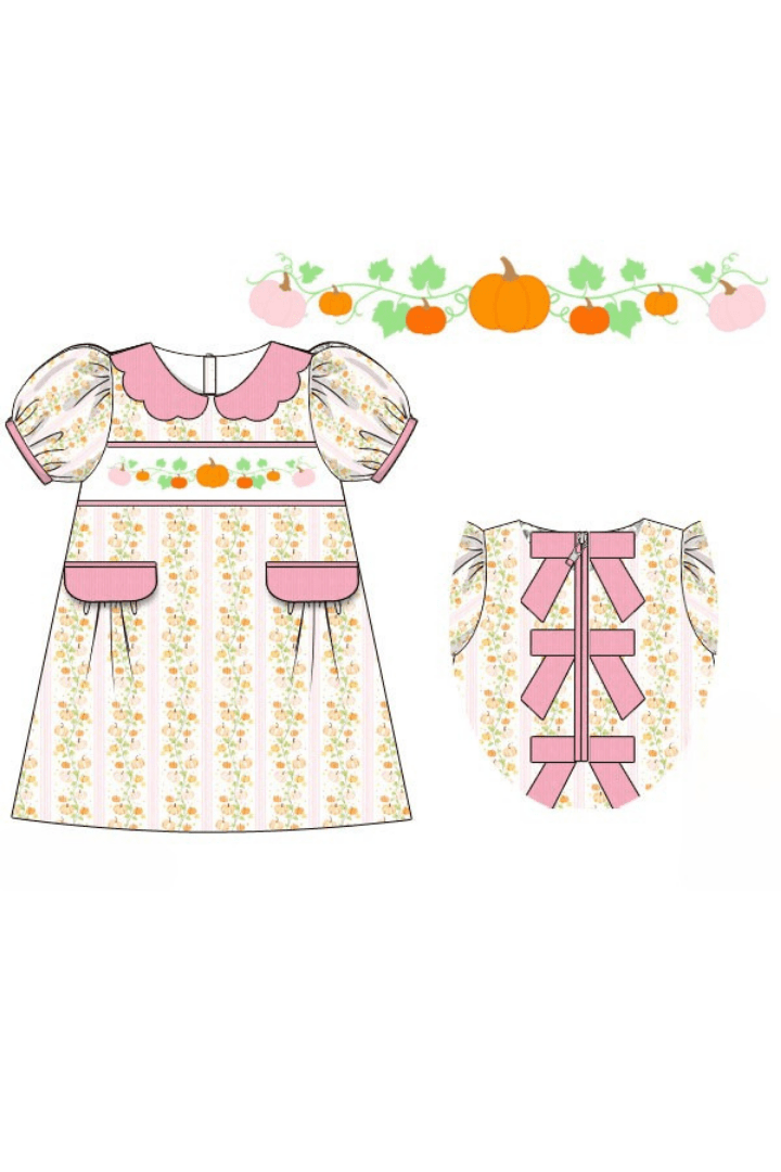 The Smocked Flamingo Apparel & Accessories Pre-Order Smocked Floral Pumpkins Pink Bow Dress